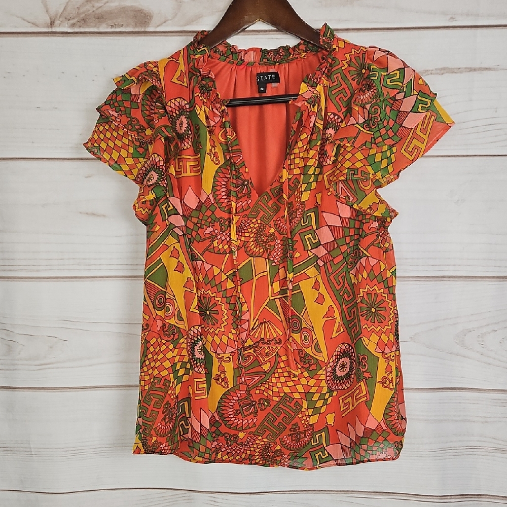 1. State Vibrant Geometric Flutter Sleeve Blouse - Size Medium